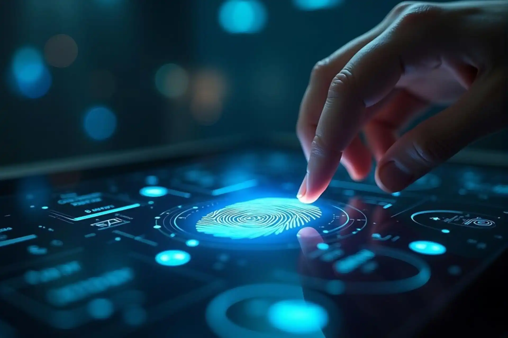 Imagem de uma mão interagindo com uma tela digital, destacando impressões digitais e segurança de dados. A tecnologia biométrica é cada vez mais utilizada para autenticação e proteção.