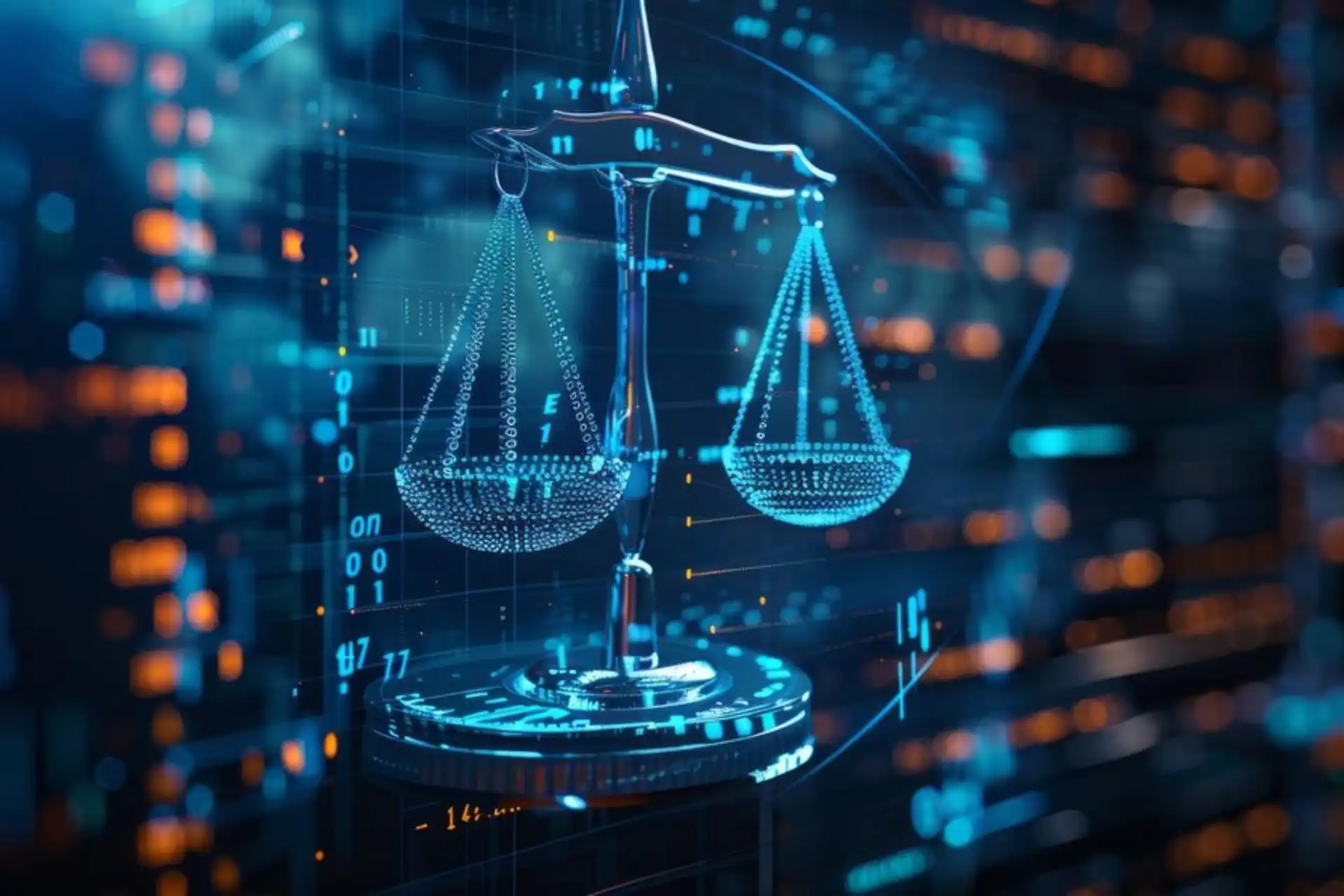 Balança da justiça com fundo digital e tecnológico, simbolizando direito e aplicação de leis. Ideal para temas relacionados ao sistema jurídico.