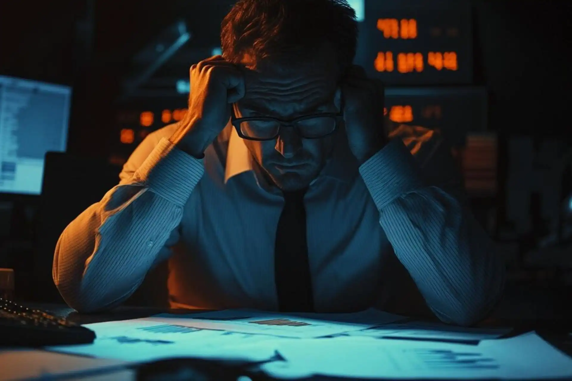 Homem estressado em ambiente de trabalho analisando documentos iluminados por luz azul, representando pressão profissional e tensão.
