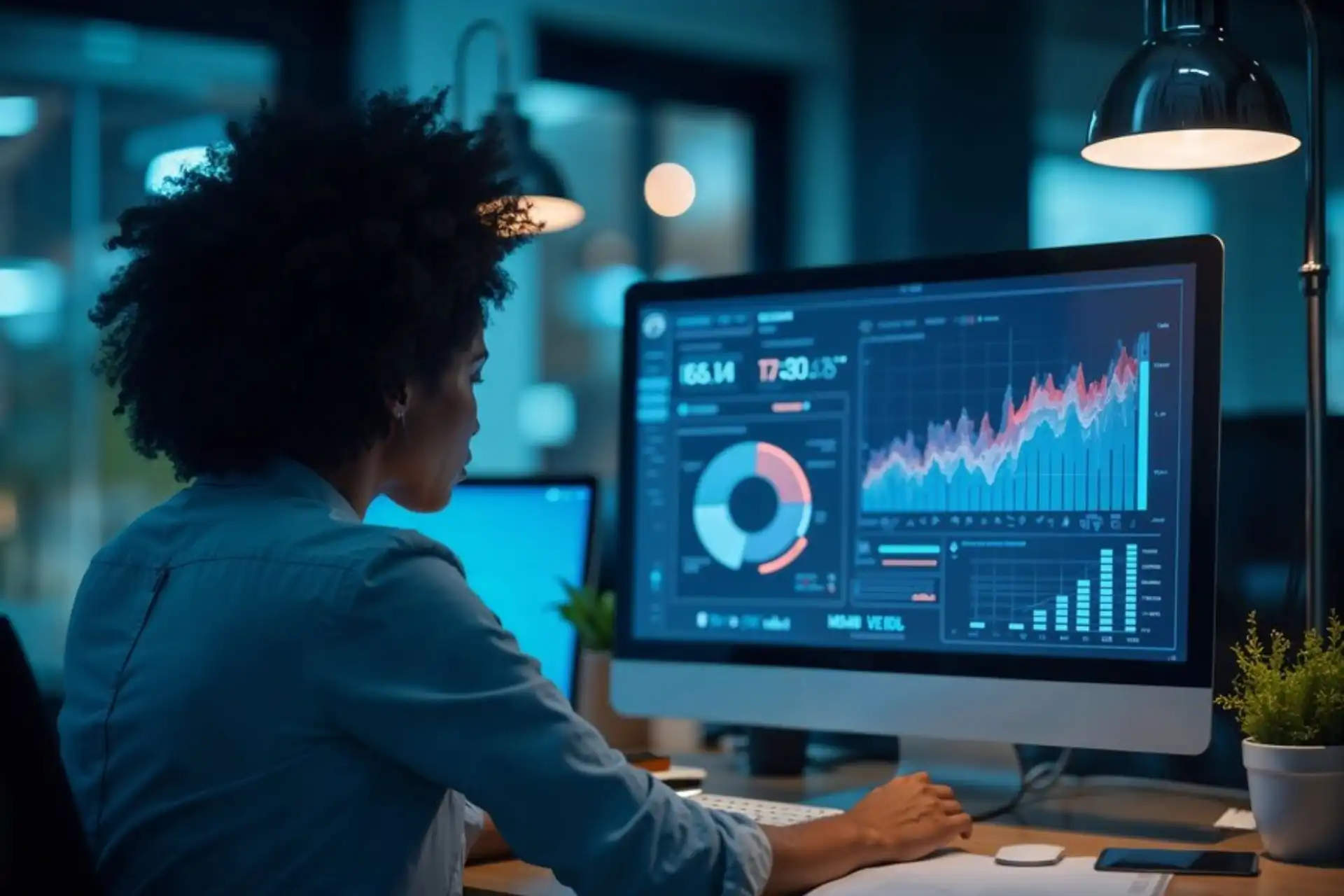 Profissional analisando gráficos de dados em um computador, em um ambiente moderno e iluminado, representando a análise de dados e negócios.
