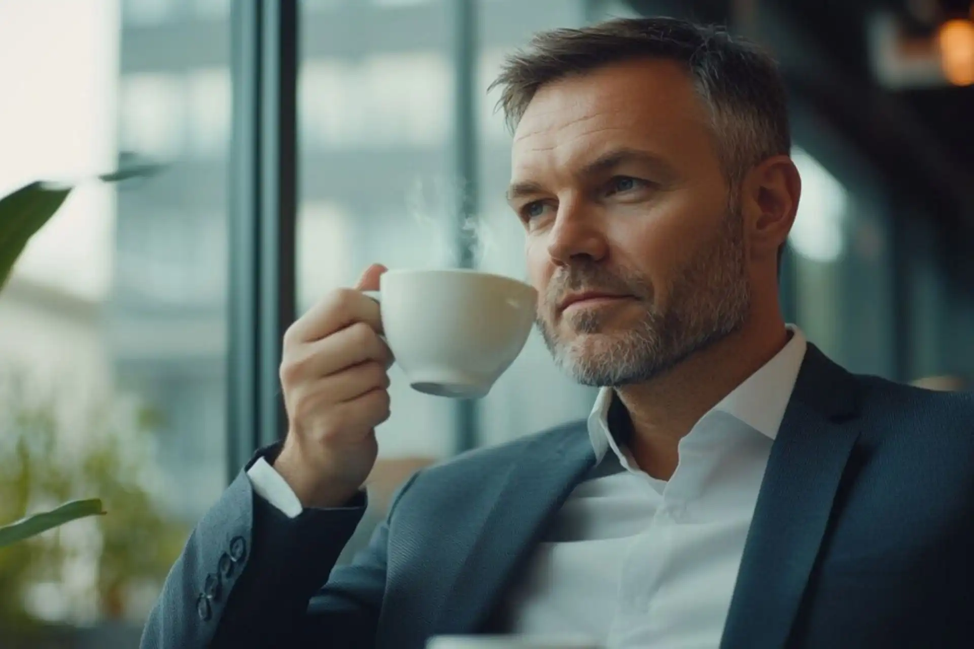 Homem de terno tomando um café em um café moderno, refletindo e apreciando o momento. Perfeito para quem procura uma pausa revigorante.