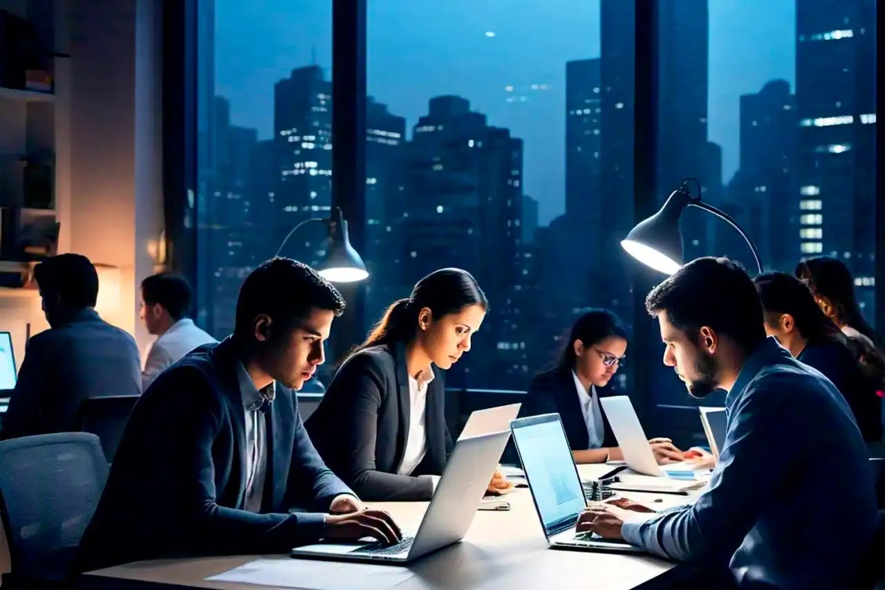Equipes de profissionais trabalhando em um escritório moderno à noite, utilizando laptops e concentrados em suas tarefas.