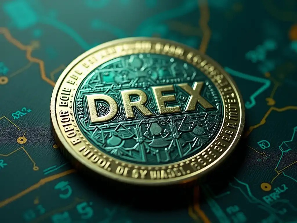 Imagem de uma moeda digital com o símbolo da criptomoeda Drex, destacada sobre um fundo tecnológico, representando inovação e investimento em criptomoedas.