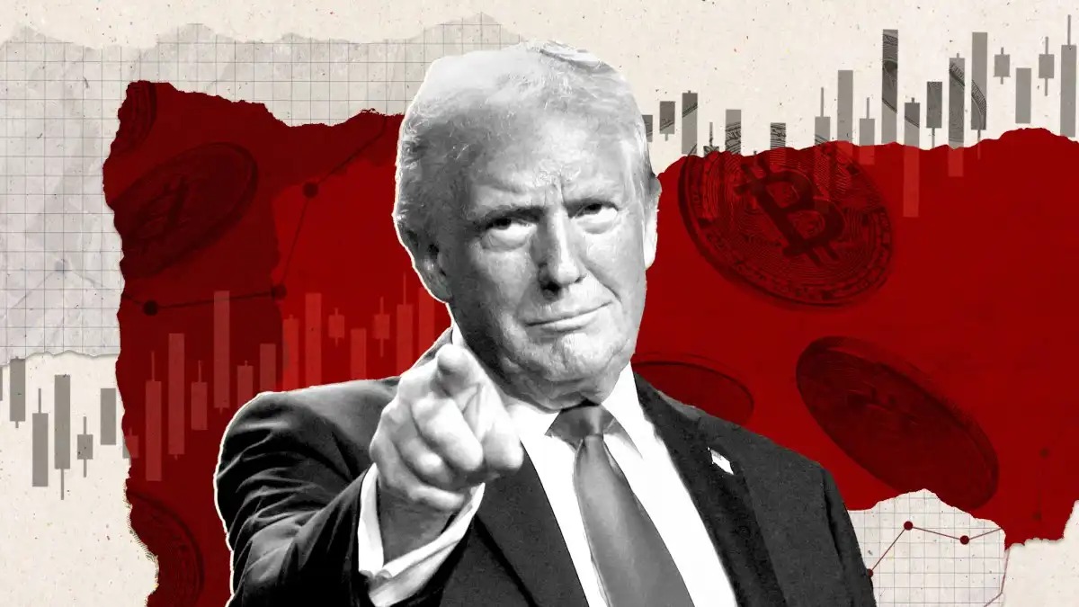 Imagem de Donald Trump apontando para a câmera com fundo gráfico e elementos de criptomoeda, simbolizando a interseção política e econômica.
