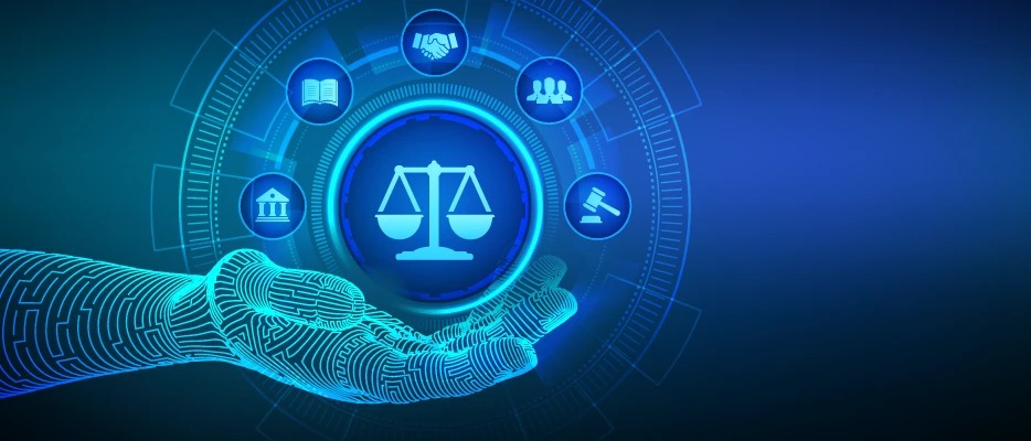Imagem ilustrativa sobre justiça, com uma mão digital que sustenta ícones representando leis, ética e instituições. Elementos visuais relacionados ao direito e à tecnologia.