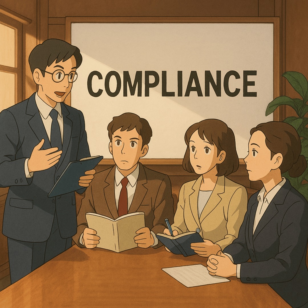 Reunião sobre compliance com profissionais em ambiente corporativo; discussão de normas e regulamentos importantes para a empresa.