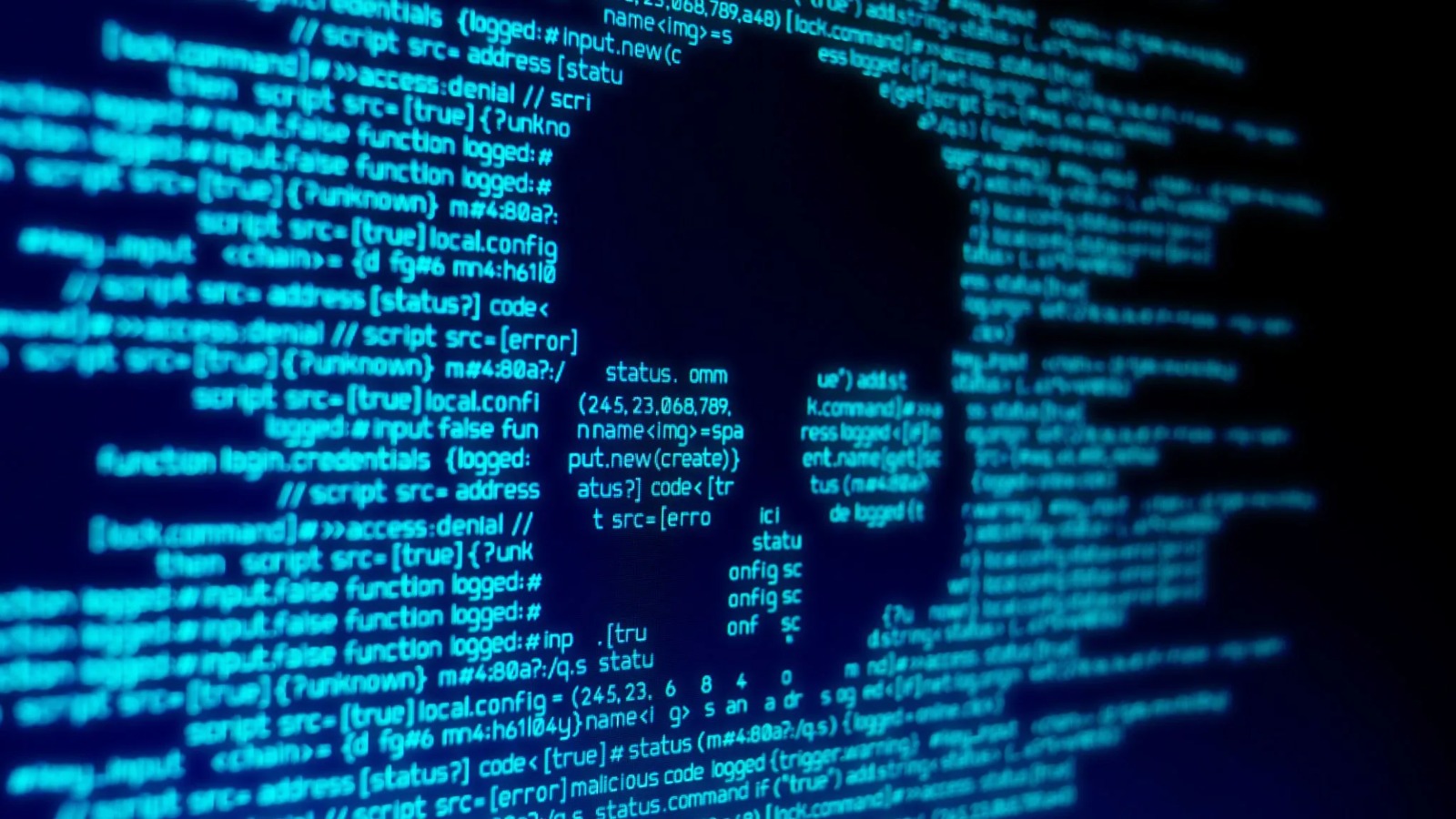 Imagem abstrata de código de computador em azul com uma silhueta de crânio, simbolizando segurança cibernética e malware. Ideal para temática de hacking e proteção de dados.