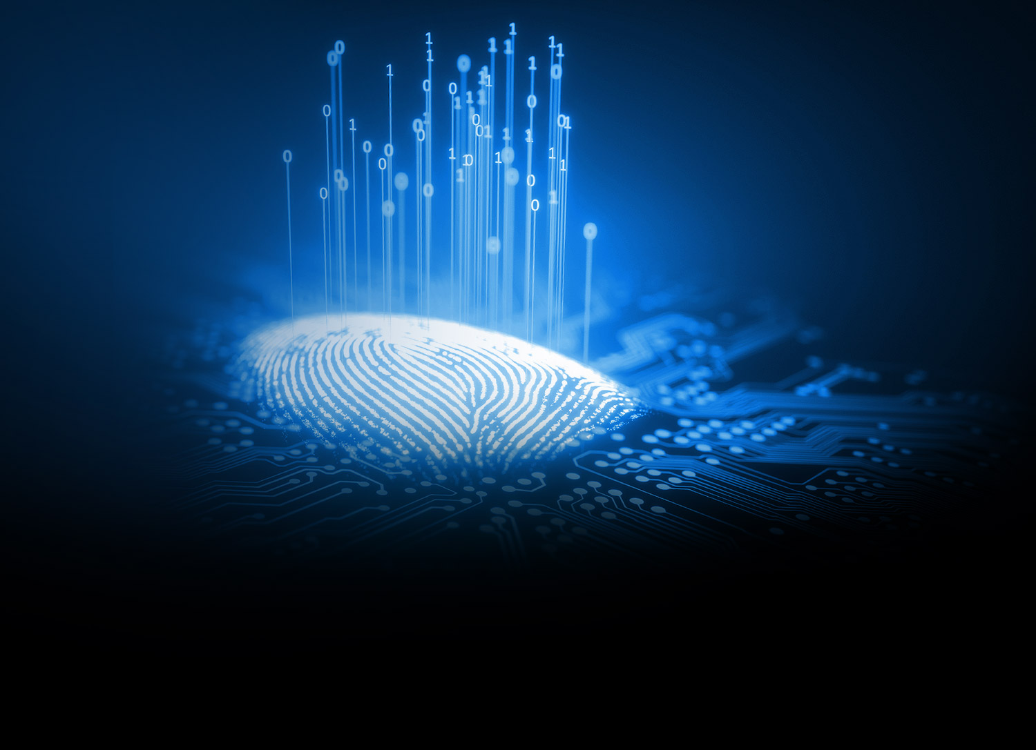 Imagem de uma digital em um fundo azul, simbolizando segurança digital e identidade. Representação de dados e tecnologia avançada.