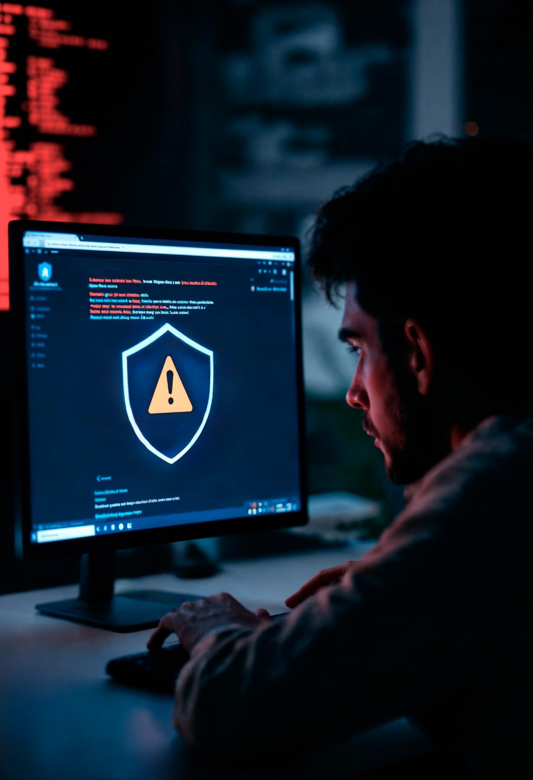 Homem analisando ameaças de segurança cibernética no computador, com alertas de firewall e códigos de erro exibidos na tela, representando proteção contra ataques virtuais.