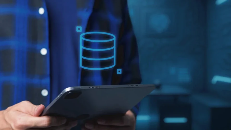 Pessoa segurando tablet com ícone de banco de dados virtual, representando tecnologia de armazenamento de dados e inovação digital.