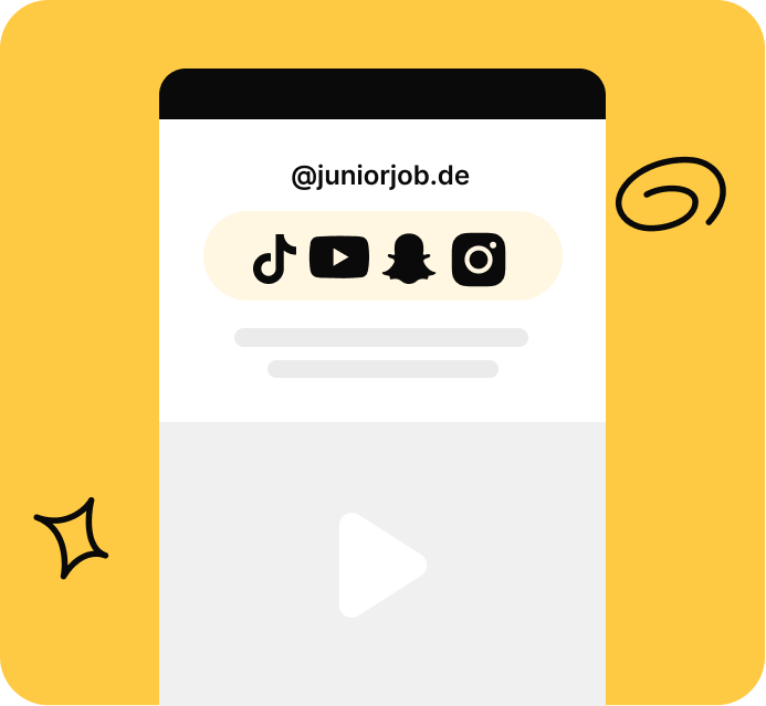 Mock up der Social Media Kanäle auf denen JuniorJob aktiv ist (TikTok, Youtube, Snapchat und Instagram) und der zugehörige Name "juniorjob.de"