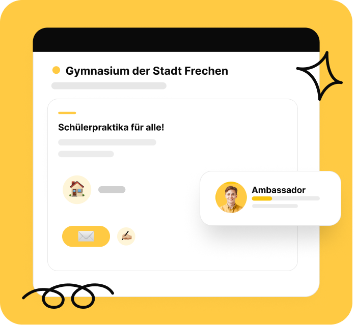 Hier wird ein Mockup der JuniorJob Plattform gezeigt, das das Konzept der Ambassor verbildlicht. Man sieht das Gesicht eines Schülers, dahinter den Namen seiner Schule " Gymnasium der Stadt Frechen".