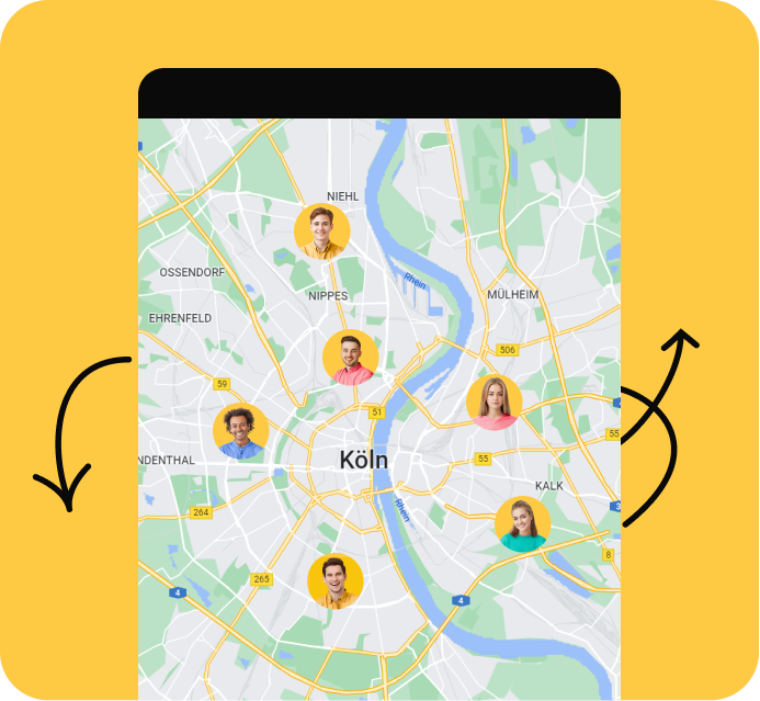 Mock up der JuniorJob Plattform auf der man auf einer Karte verteilt die Profile der Schüler auf der App sehen kann. 