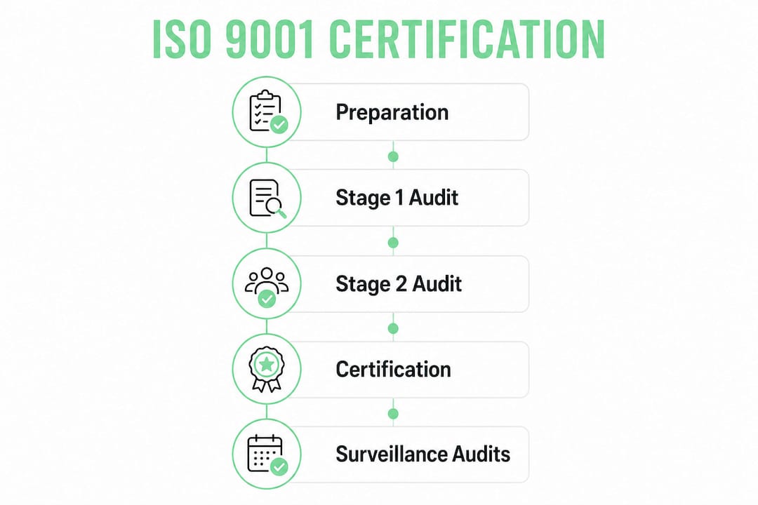 Infographic showing ISO 9001 certification steps