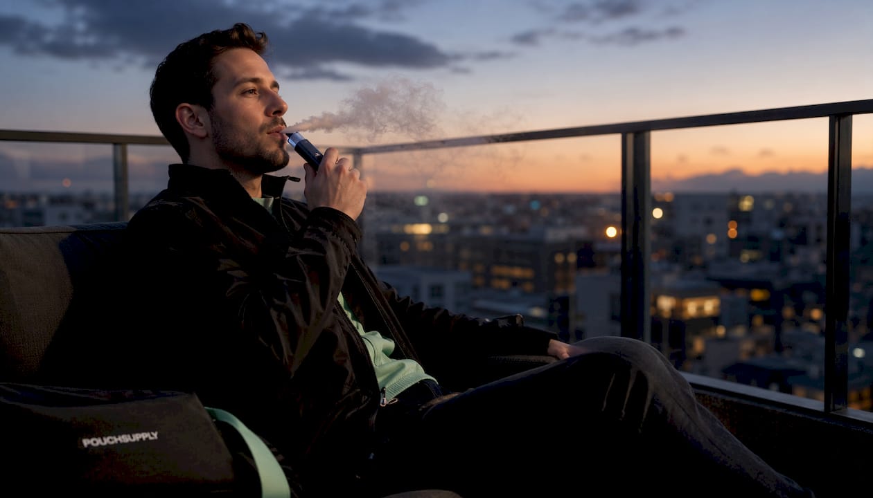 Man vaping and exhaling vapor outdoors