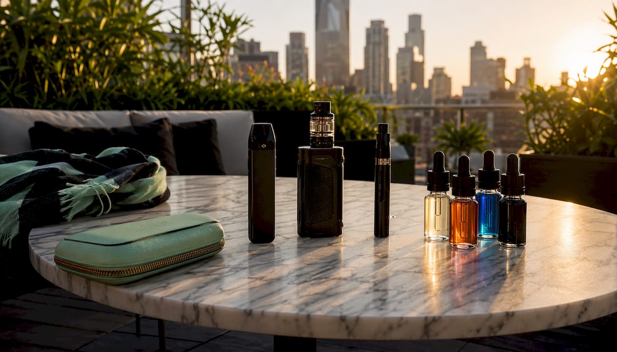 Assortment of vape devices and nicotine liquids flat lay