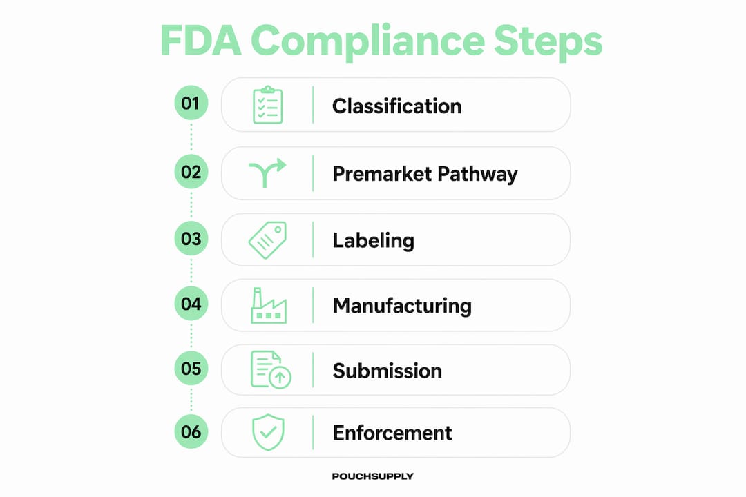 Infographic showing FDA compliance steps for nicotine pouches