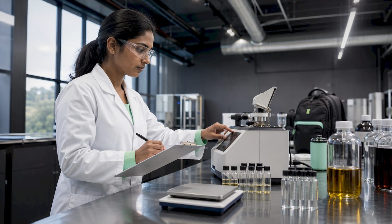 Lab technician performing flash point test