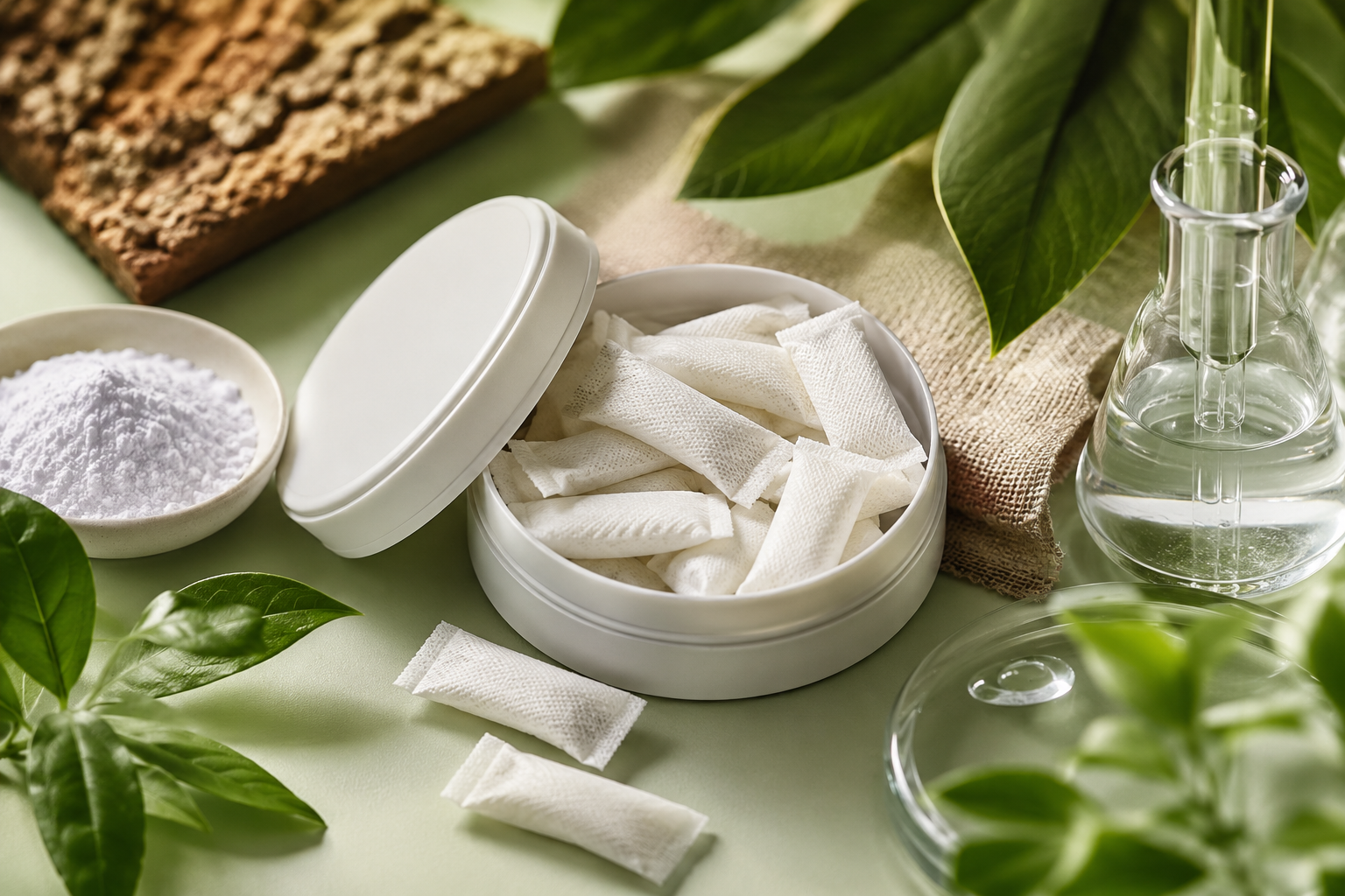 White label nicotine pouches with base fibre material and manufacturing ingredients