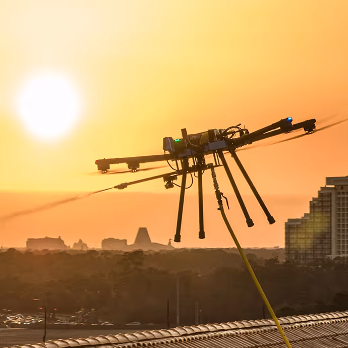 A drone sprays water on rooftop solar panels during a bright, hazy sunset. The city skyline and buildings are visible in the background.