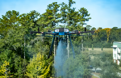 A large drone hovers over a lush, green landscape, emitting a misty spray. Tall trees form the backdrop, conveying a sense of innovation in nature.