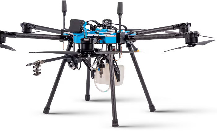 A blue and black industrial drone with six propellers and multiple sensors mounted underneath. It has long, sturdy landing legs and a complex design, conveying advanced technology.