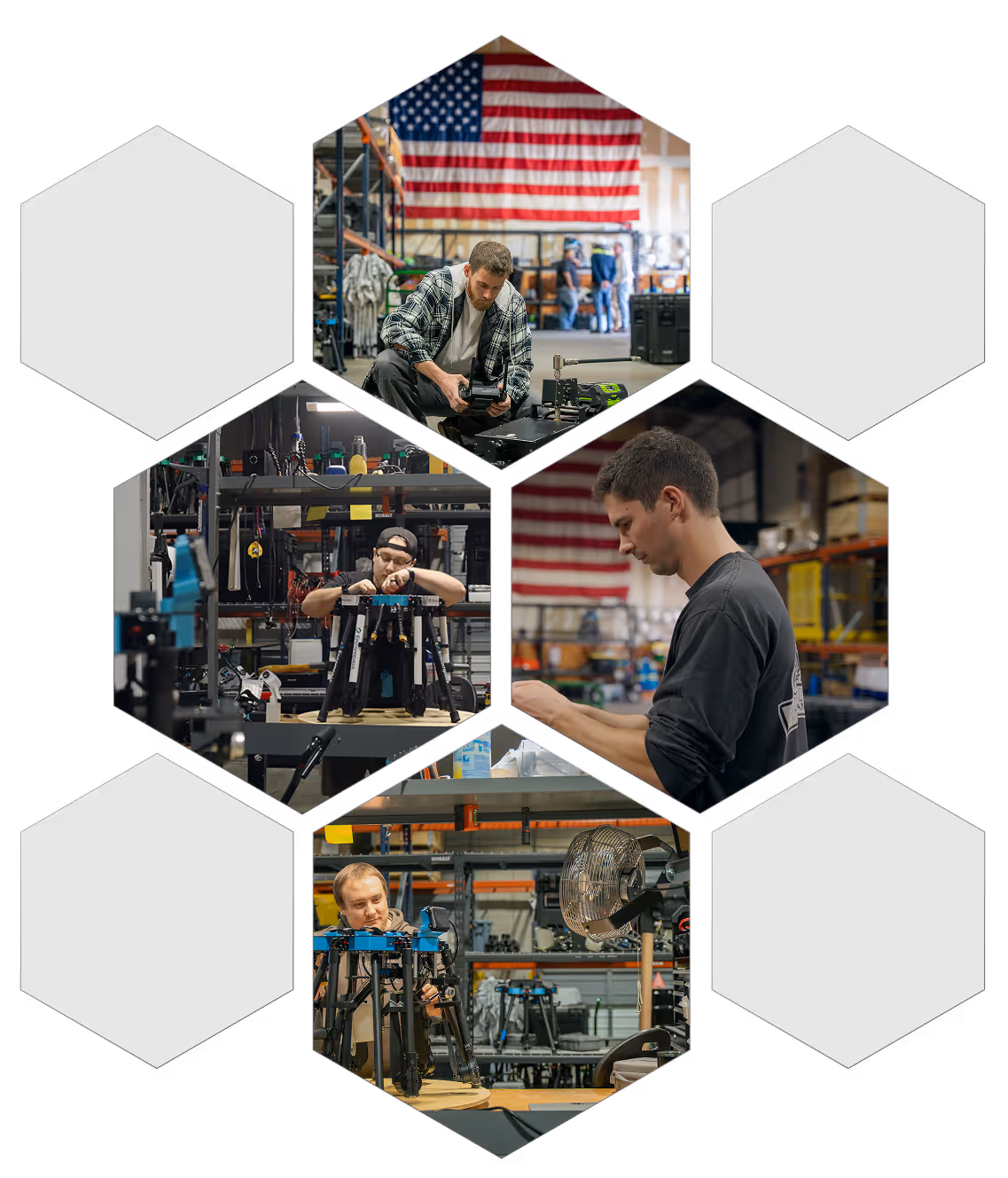 Hexagonal collage showing people working in a workshop. One kneels with a device under an American flag, others assemble machinery, focused and engaged.