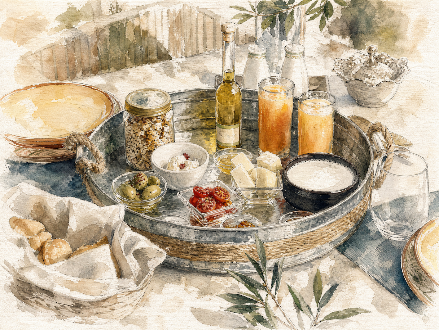 Illustrated table and olive landscape at Dojo Bianco