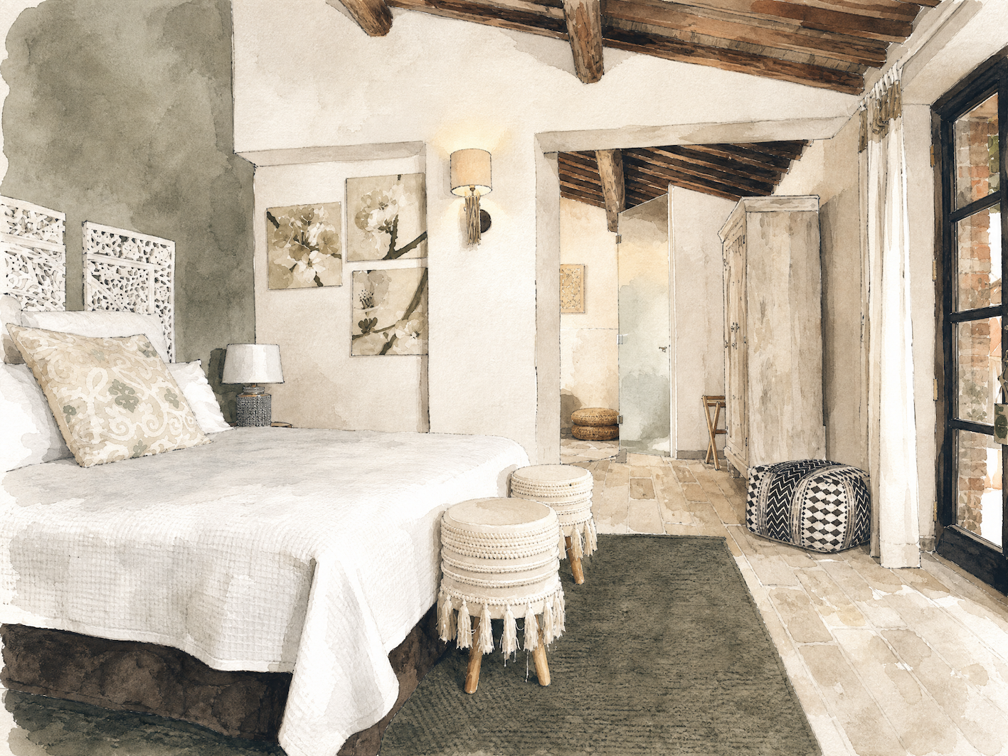 Illustrated guest room at Dojo Bianco