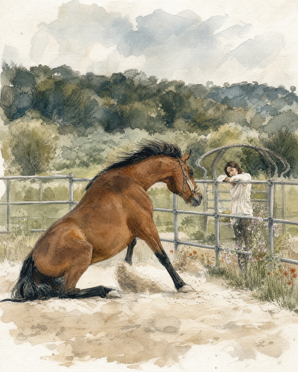 Watercolor illustration of a quiet therapeutic moment with a horse at Dojo Bianco