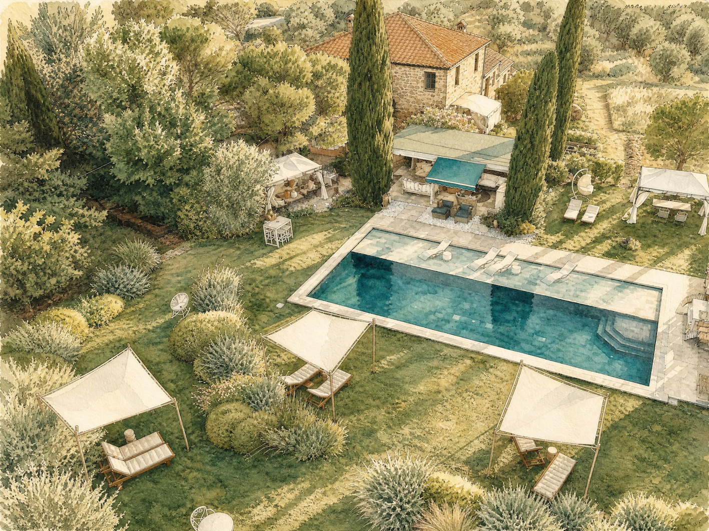 Aerial illustration of Dojo Bianco in the Tuscan landscape
