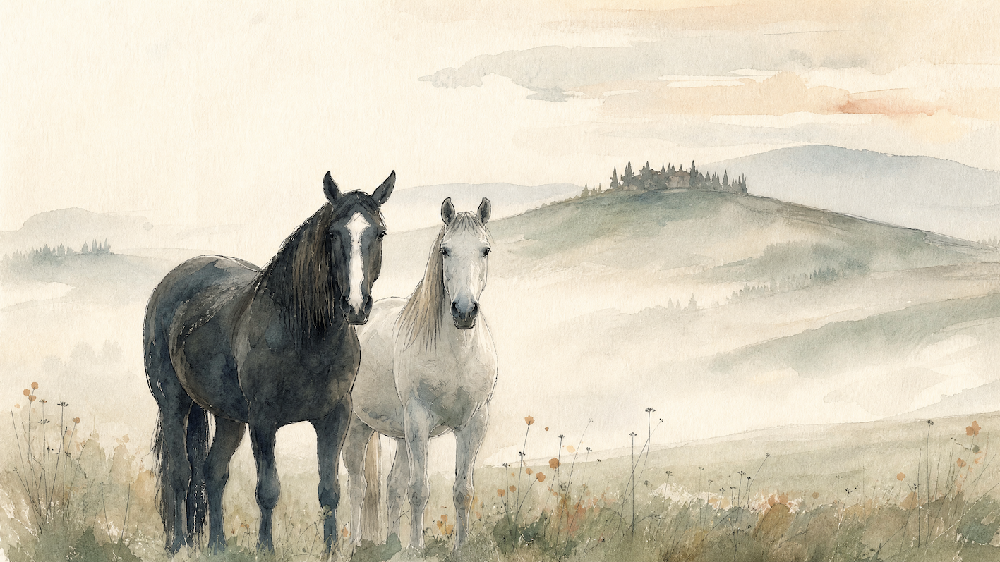 Watercolor illustration of two horses in the Tuscan landscape at Dojo Bianco