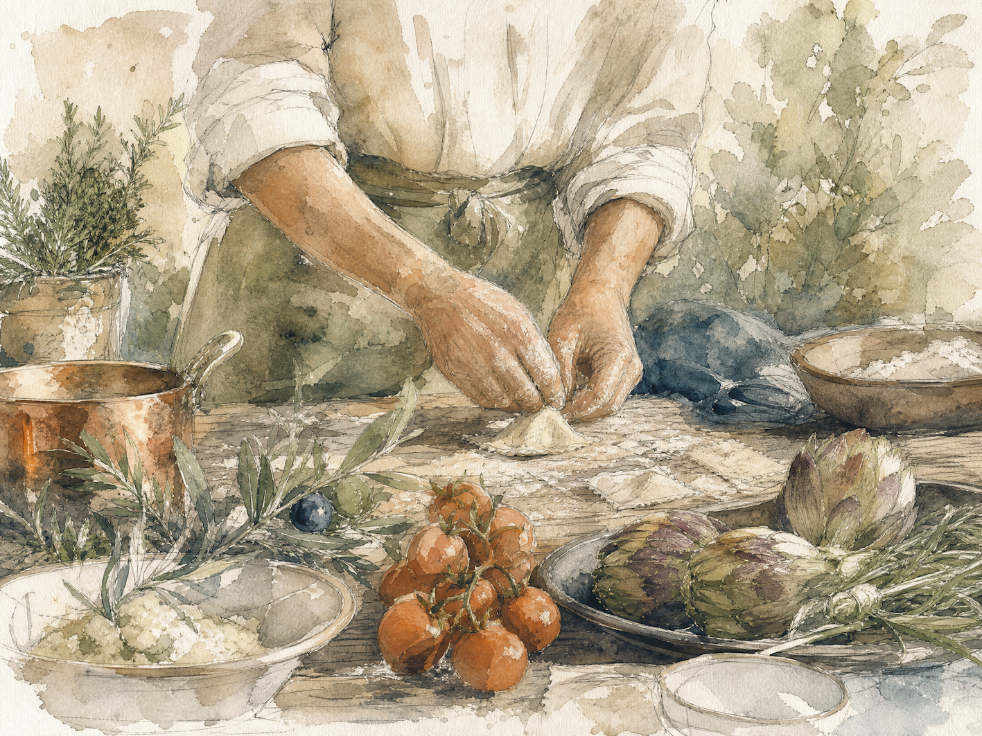 Illustrated kitchen and chef at Dojo Bianco in Tuscany
