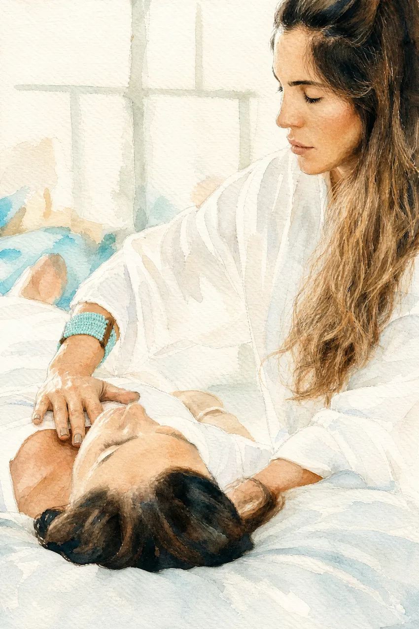 Watercolor illustration of one-to-one therapeutic work at Dojo Bianco