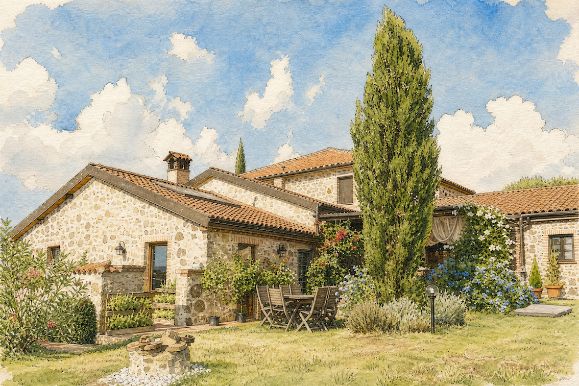 Stone house and garden at Dojo Bianco in Maremma, Tuscany