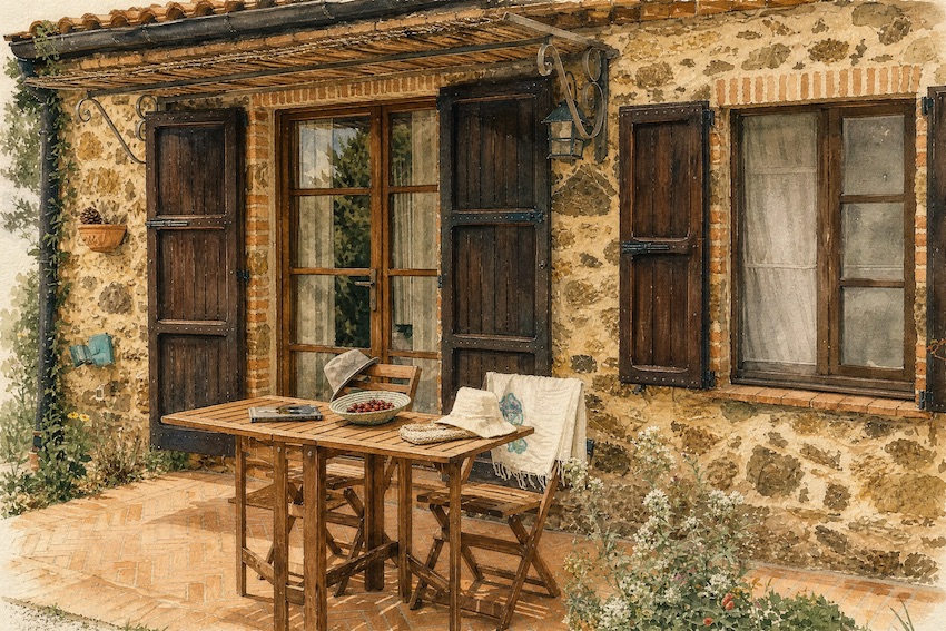 Stone facade and outdoor table at Dojo Bianco