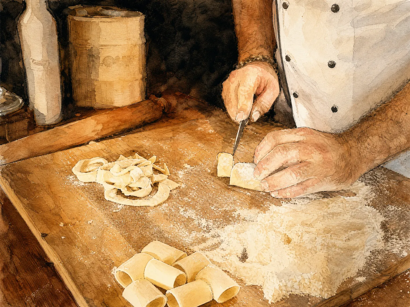 Watercolor illustration of handmade pasta being prepared at Dojo Bianco