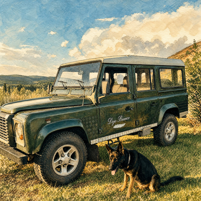 Vintage green Land Rover and dog in the countryside at Dojo Bianco