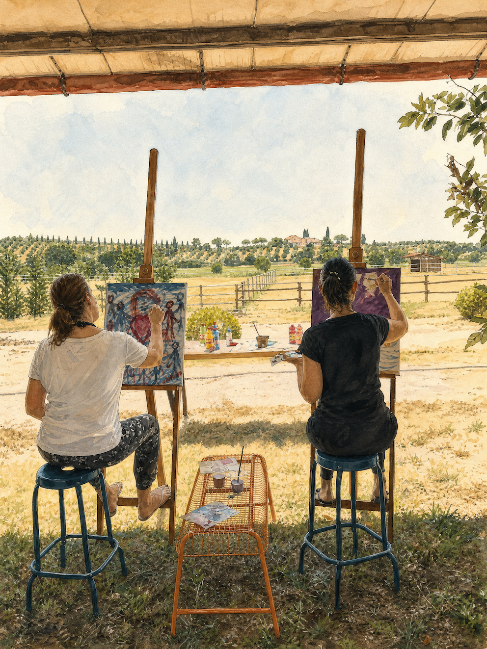 Open-air art practice overlooking the landscape at Dojo Bianco