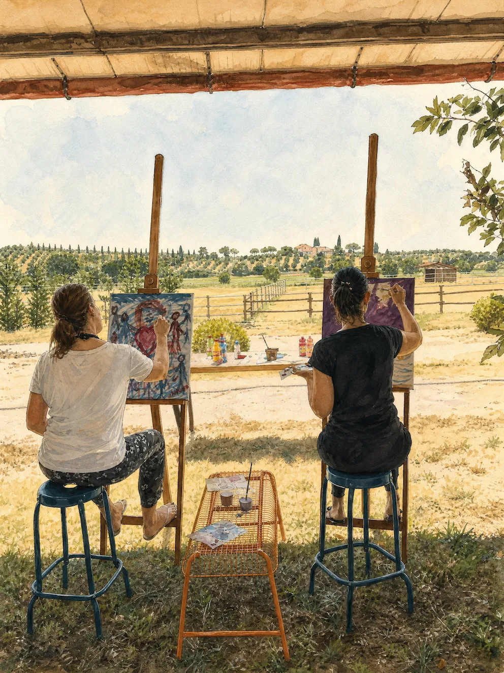 Watercolor illustration of an open-air art practice at Dojo Bianco