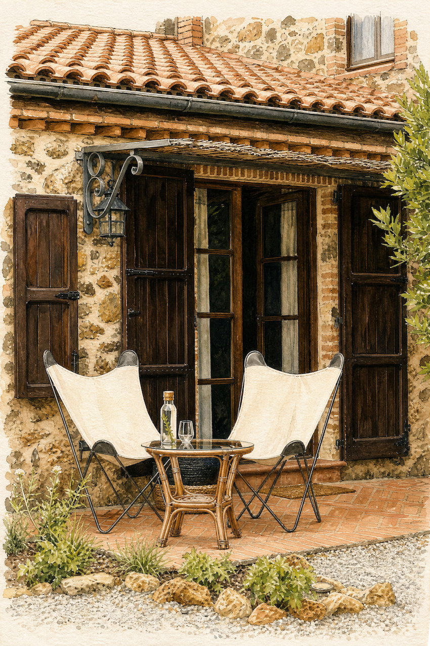 Stone veranda and outdoor seating at Dojo Bianco