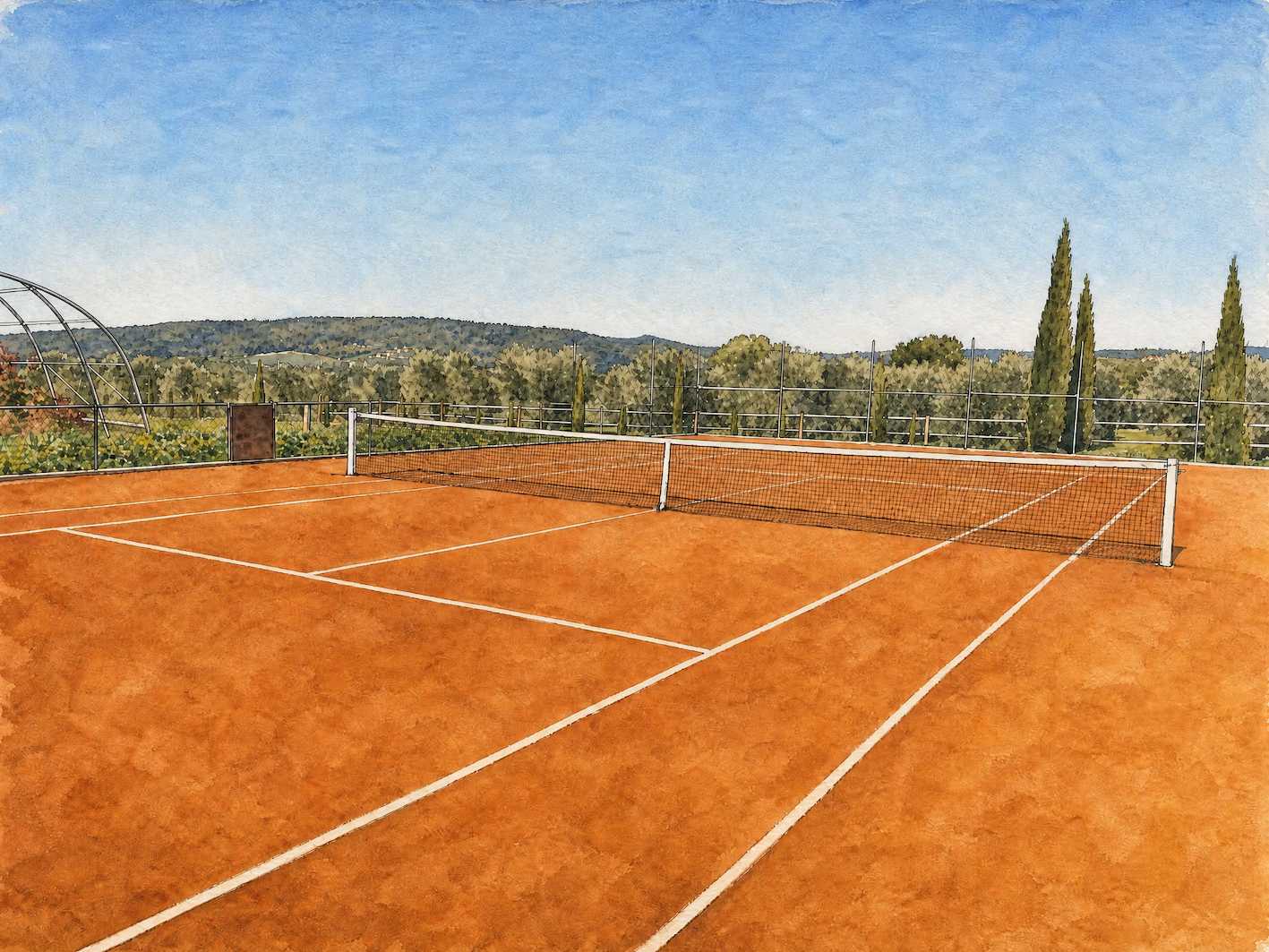 Clay tennis court at Dojo Bianco in the Tuscan countryside