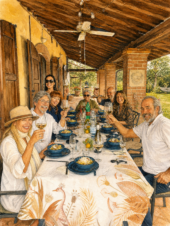 Workshop participants sharing a long table meal at Dojo Bianco