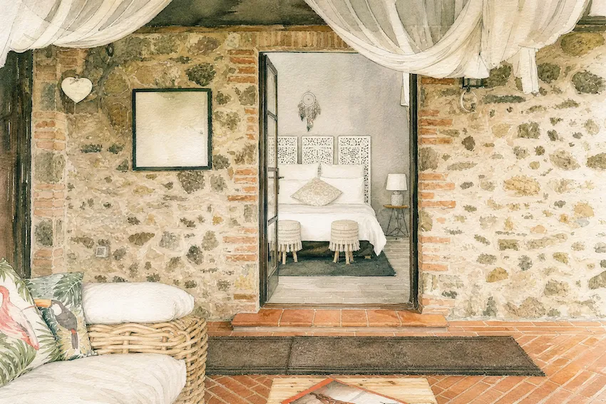 Watercolor illustration of a guest room entrance at Dojo Bianco