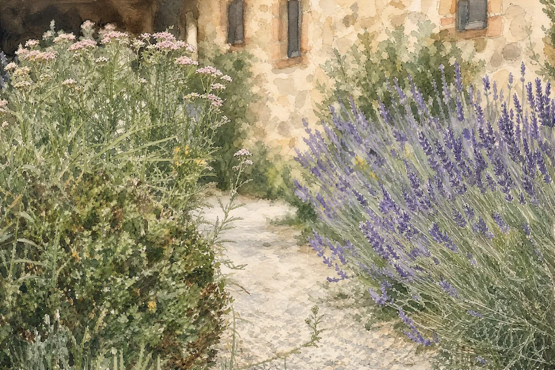 Lavender and stone paths in the garden at Dojo Bianco