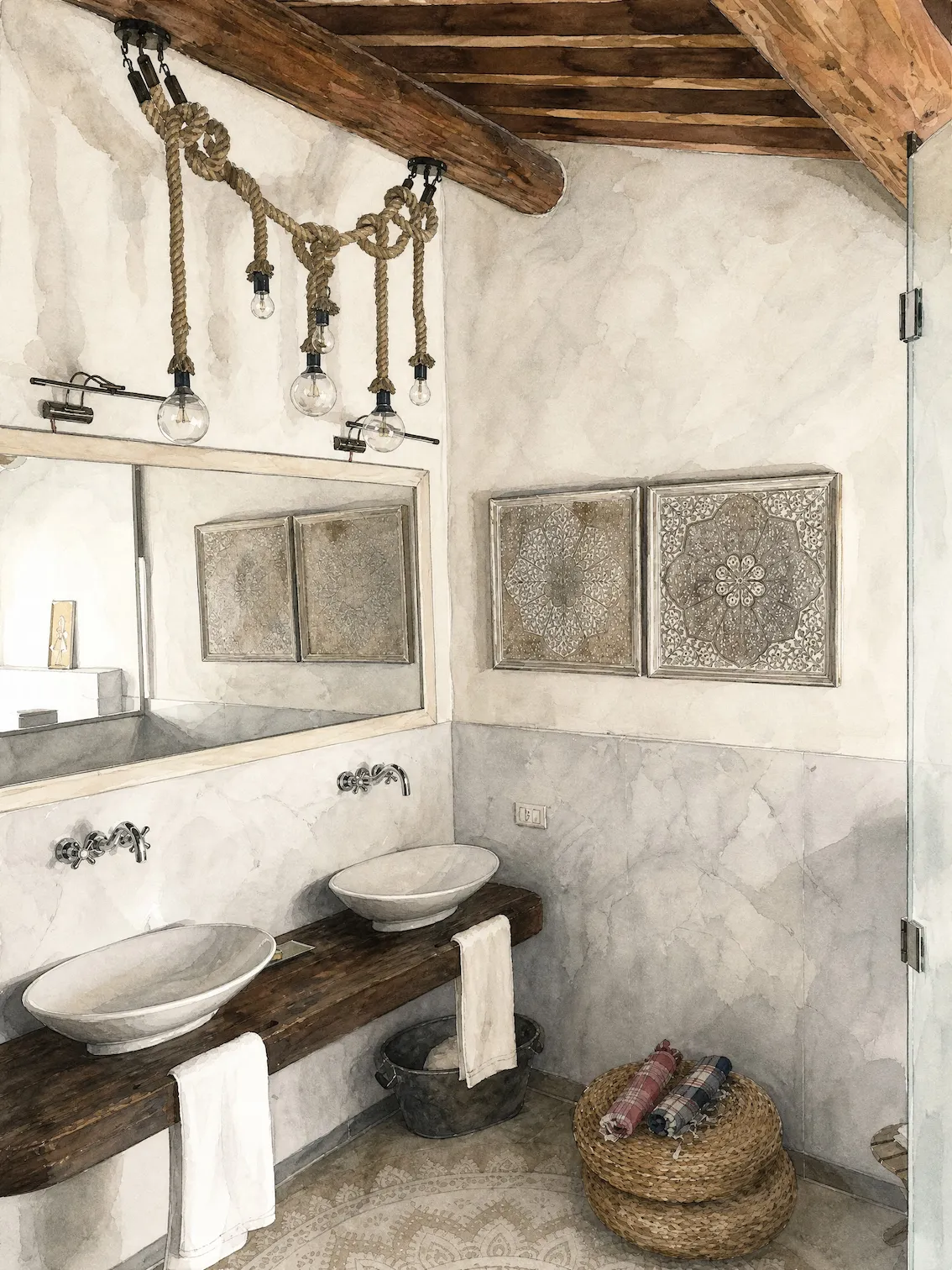 Watercolor illustration of an artisan bathroom in a Deluxe Double Garden Room at Dojo Bianco