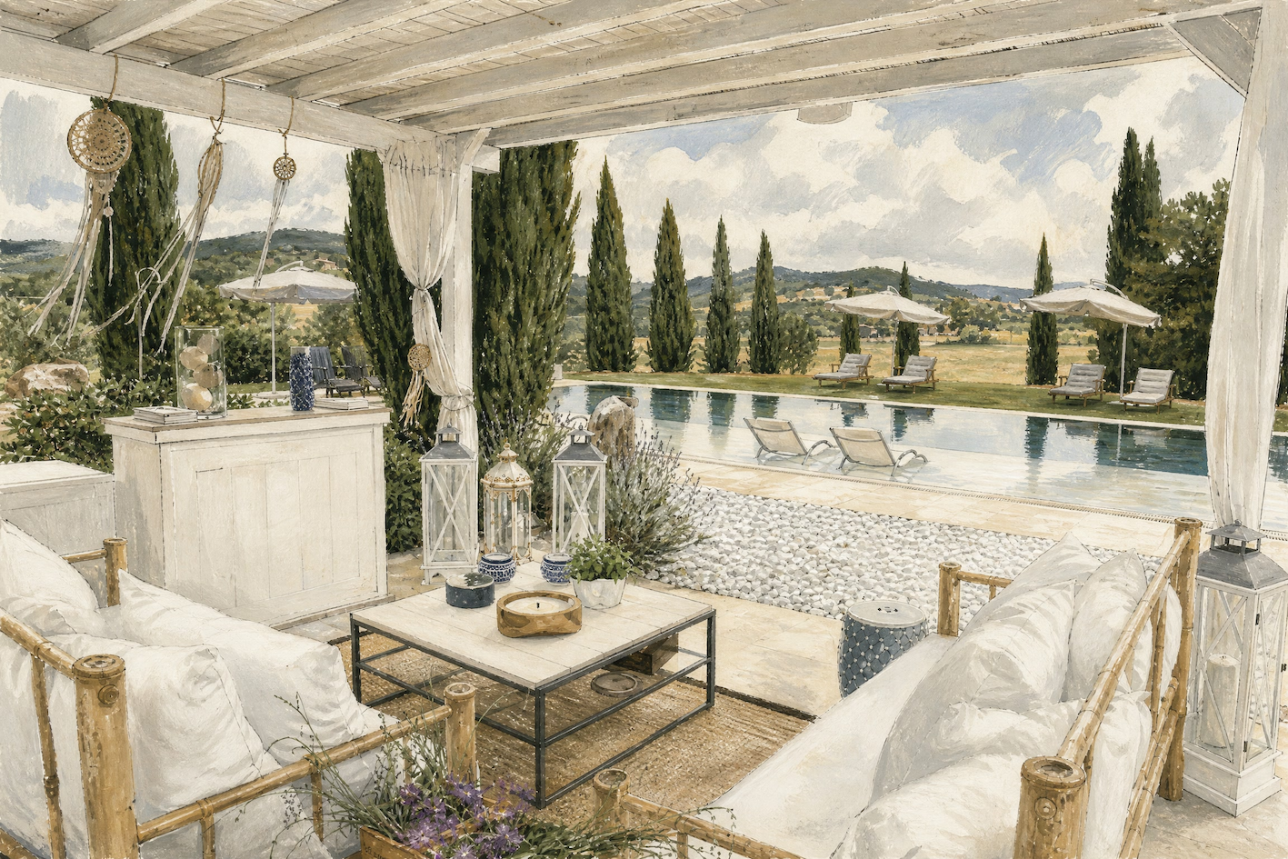 View from the shaded terrace over the pool at Dojo Bianco