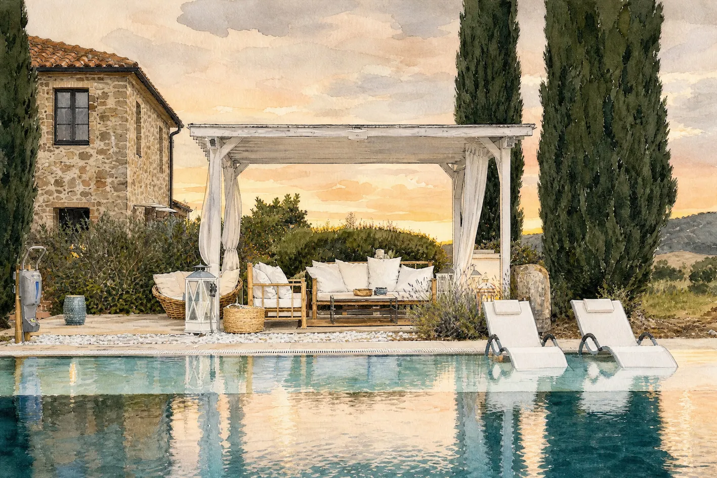 Watercolor illustration of the pool and shaded cabana at Dojo Bianco