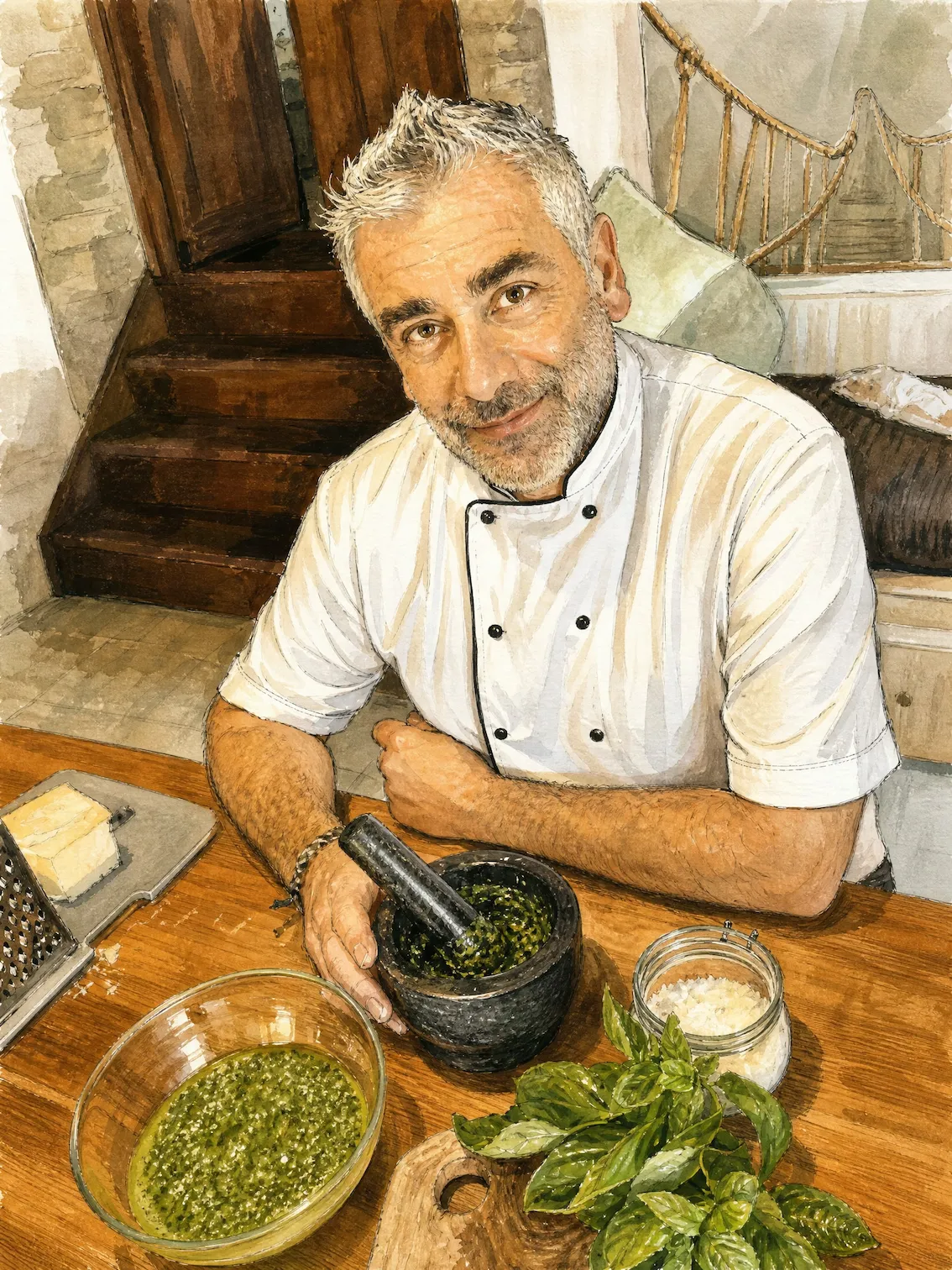 Dojo Bianco chef preparing fresh pesto with basil