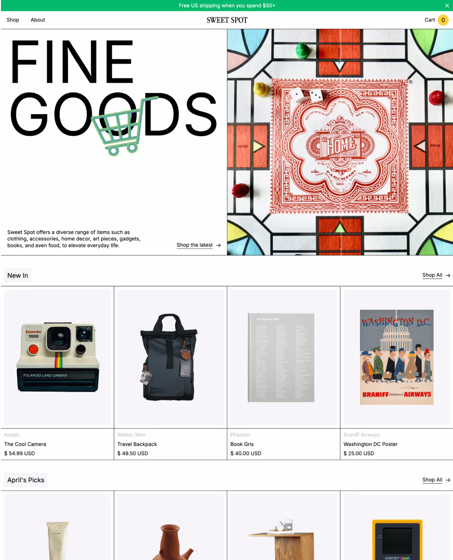 Ecommerce website with 'Fine Goods' h1 heading and game in hero